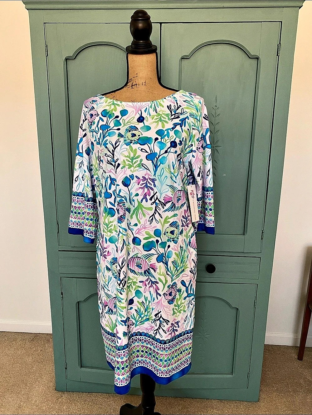 Aryeh Floral Midi Dress in White & Blue XL NWT